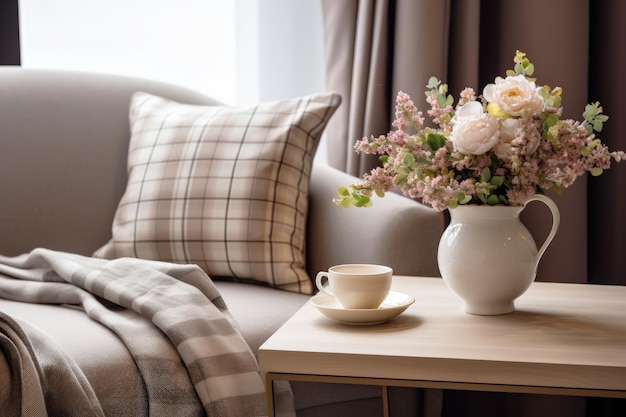 Salón moderno en apartamento con muebles nuevos y decoración del hogar con una mesa de café cerca de un ser