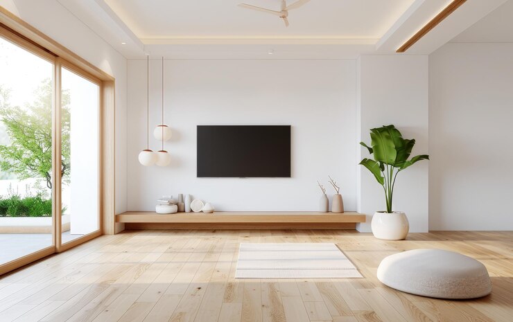 Salón moderno beige elegante con TV Decoración limpia minimalista Plan de piso abierto Diseño interior contemporáneo