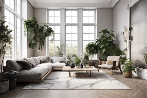 Salón moderno con decoración minimalista y grandes plantas de interior