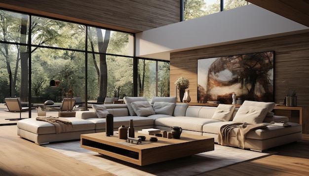 Salón moderno y elegante con un cómodo sofá, lámpara eléctrica brillante generada por inteligencia artificial