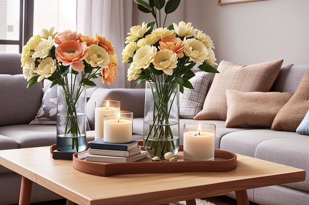 Salón moderno con flores artificiales en un jarrón y artículos de decoración para el hogar sobre una mesa de luz de madera