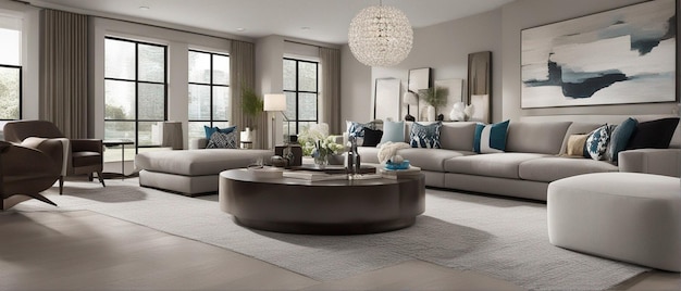 Un salón moderno y lujoso con sofá y televisión.