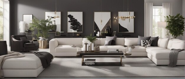 Un salón moderno y lujoso con sofá y televisión.