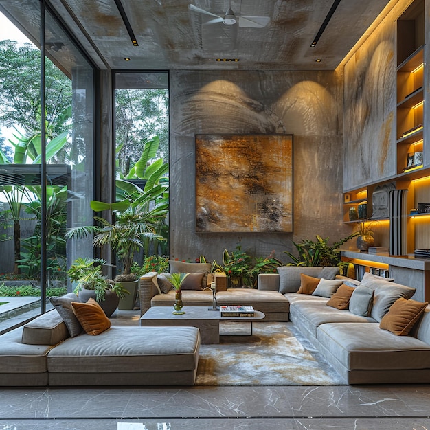 Salón moderno luminoso con paredes blancas y de madera grandes ventanas con puertas de vidrio
