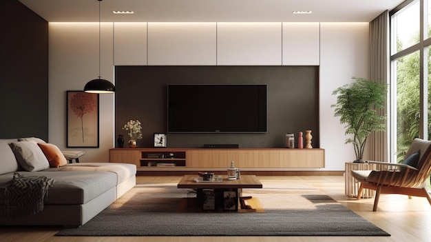 Salón con mueble para TV en color bicolor pared minimalista estilo muji IA Generativa