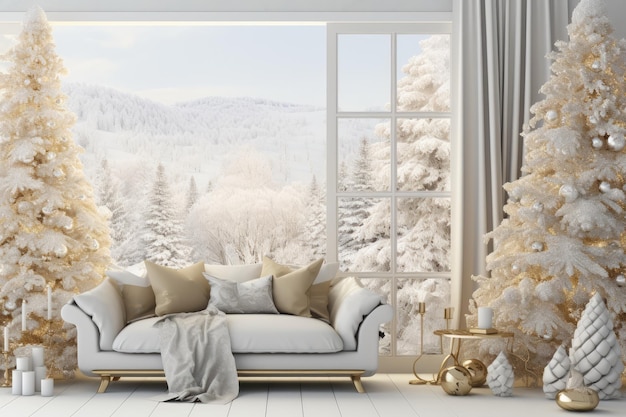 Salón de Navidad blanco y dorado con ventana borrosa