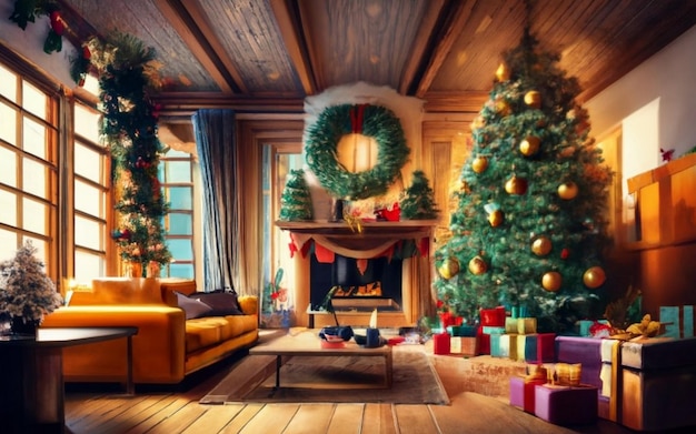 Salón navideño con árbol de Navidad bellamente decorado Imágenes de fondo navideñas