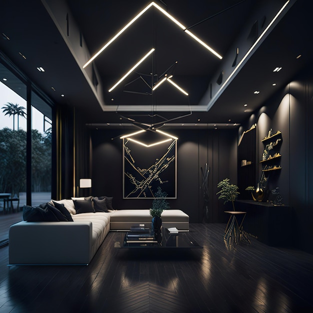 Salón negro con espacio libre con detalles dorados