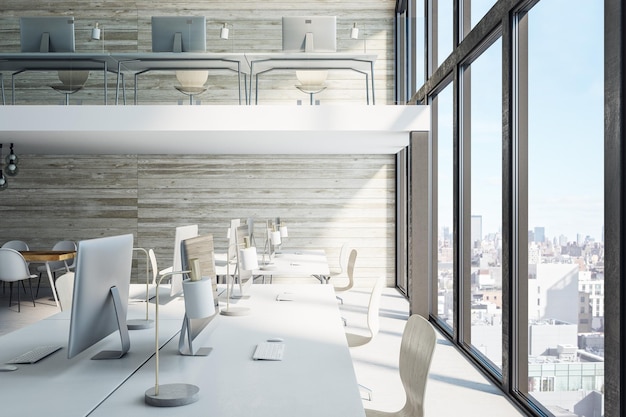 Salón de oficinas contemporáneo con vista panorámica de la ciudad