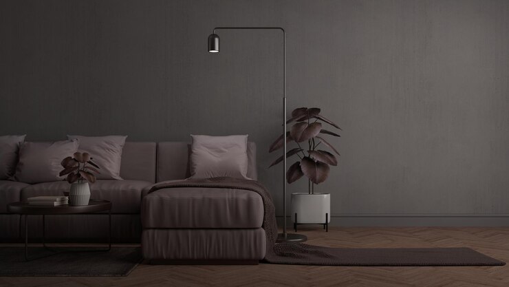 Salón oscuro de estilo moderno con lámpara de sofá y planta