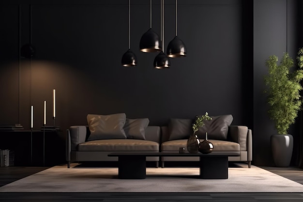 Salón oscuro de estilo moderno con lámpara de sofá y planta