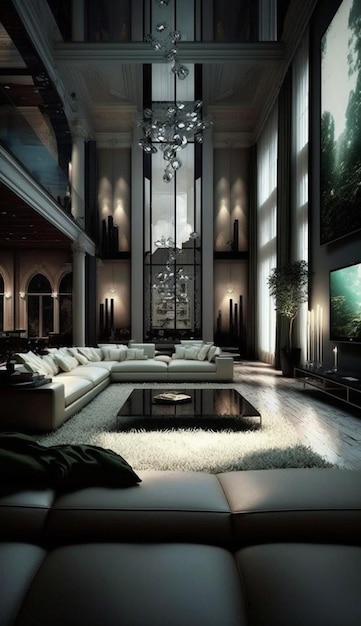 Un salón oscuro con un gran sofá blanco y una gran televisión.