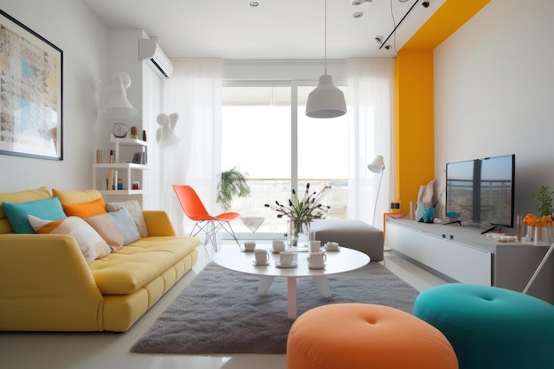 Un salón con una pared amarilla y un sofá blanco con un cojín azul y naranja.