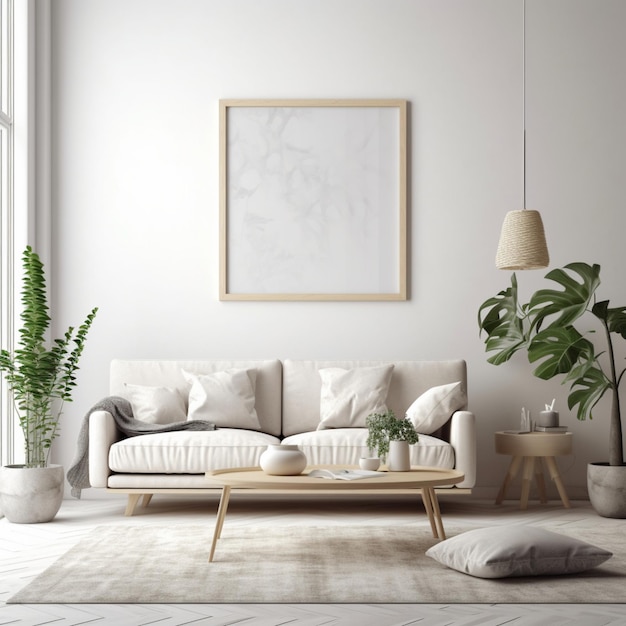 Un salón con una pared blanca y una planta en la pared.