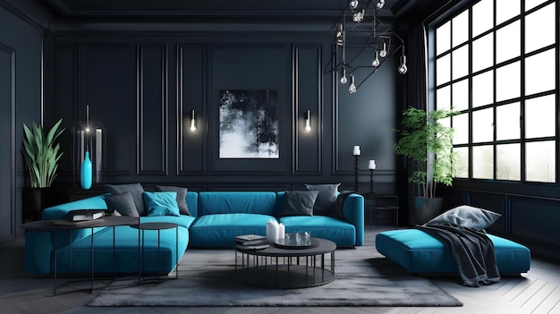 Un salón con una pared negra y un sofá azul.