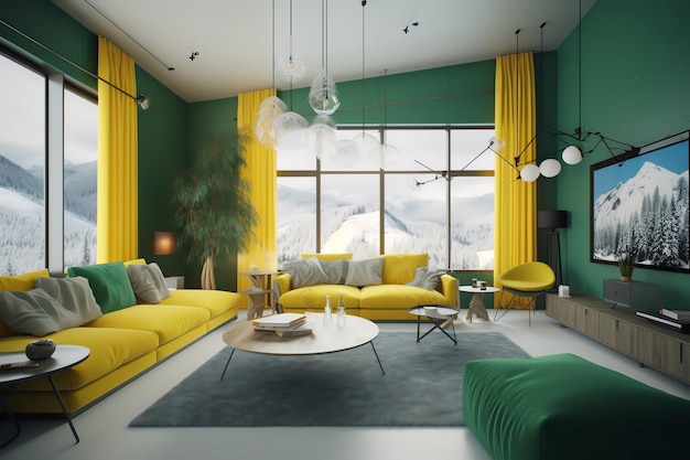 Un salón con una pared verde y sofás amarillos y un gran ventanal con vistas a la montaña.