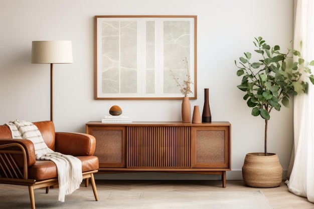 Un salón con una planta y una silla con una lámpara blanca sobre la mesa.