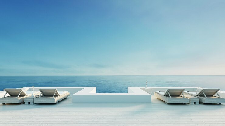 Salón de playa: vista al mar y al mar de la villa oceánica para vacaciones y verano / render 3D al aire libre