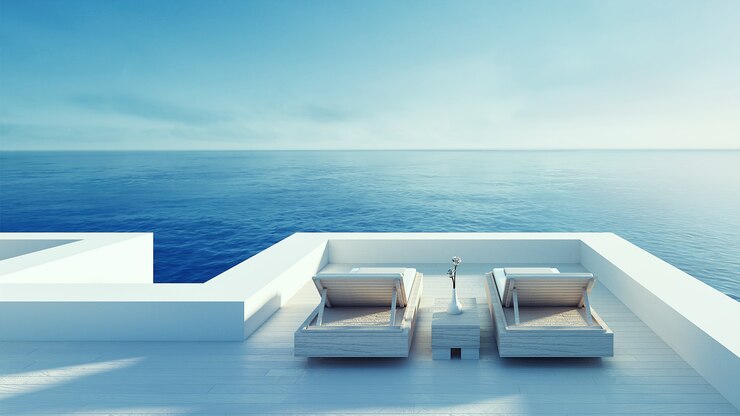Salón de playa: vista al mar y al mar de la villa oceánica para vacaciones y verano / render 3D al aire libre