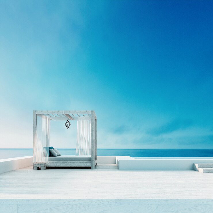 Salón de playa: vista al mar y al mar de la villa oceánica para vacaciones y verano / render 3D al aire libre
