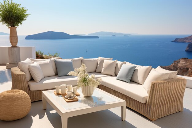 Salón relajante en Santorini con cúpulas azules frente al mar y la caldera Grecia