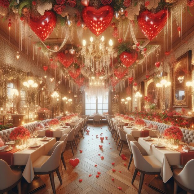 Salón del restaurante decorado para el ambiente romántico del Día de San Valentín