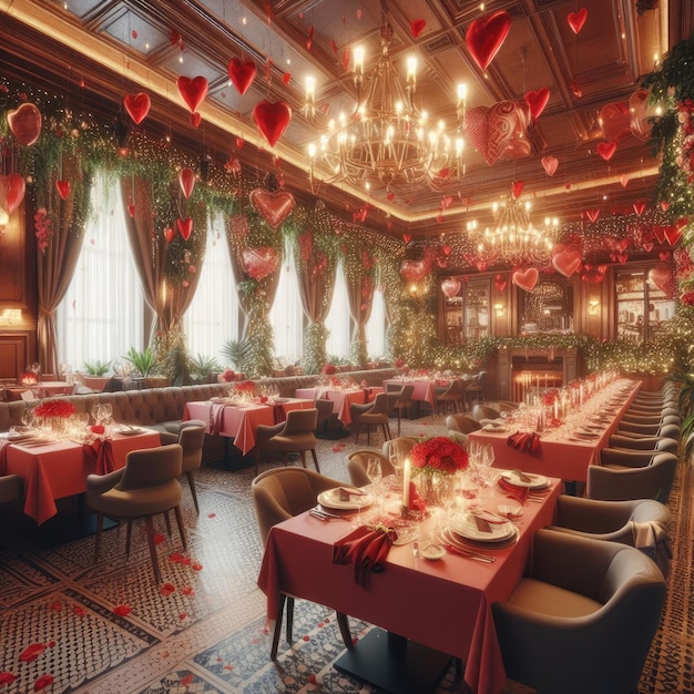 Salón del restaurante decorado para el ambiente romántico del Día de San Valentín