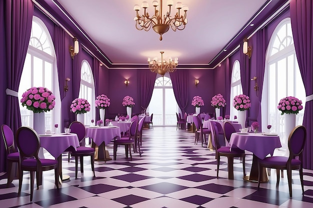 Salón del restaurante con mesas decoradas con jarrones altos con rosas