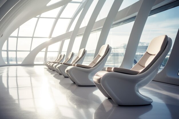 Salón de salida del aeropuerto futurista con sillas de masaje blancas