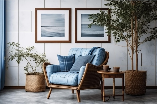 Un salón con una silla azul y una planta en la pared.