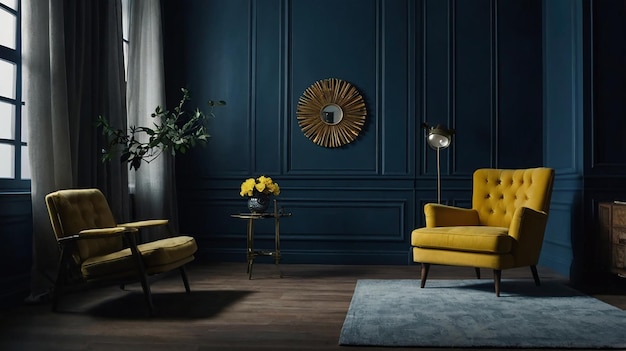 Salón con sillón amarillo sobre fondo de pared azul oscuro vacío