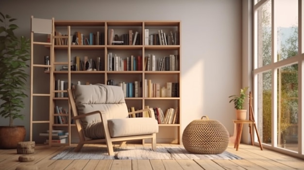 un salón con un sillón y una estantería con estanterías y un cesto de mimbre.