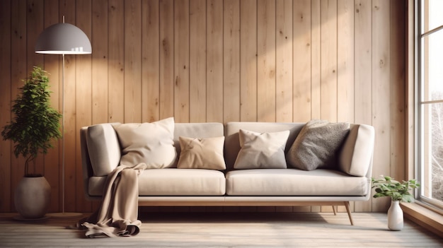 Salón sofá con almohadas y mantas contra la ventana en la habitación con paredes con paneles de madera