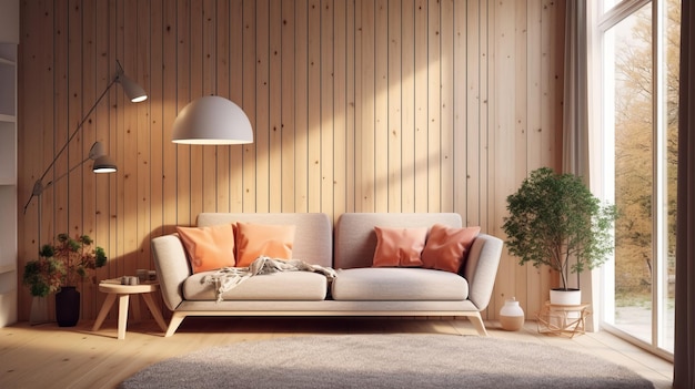 Salón sofá con almohadas y mantas contra la ventana en la habitación con paredes con paneles de madera