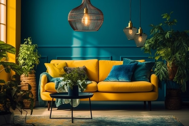 Un salón con un sofá amarillo y un sofá amarillo con un sofá azul y una lámpara.