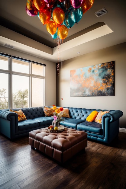 Salón con sofá azul y gran cuadro en la pared IA generativa