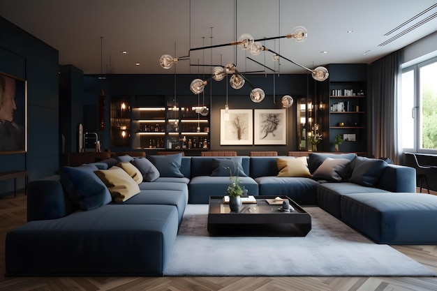Un salón con un sofá azul y una gran mesa de centro.