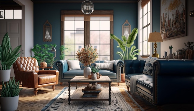 Un salón con un sofá azul, una lámpara, una mesa y un sofá.