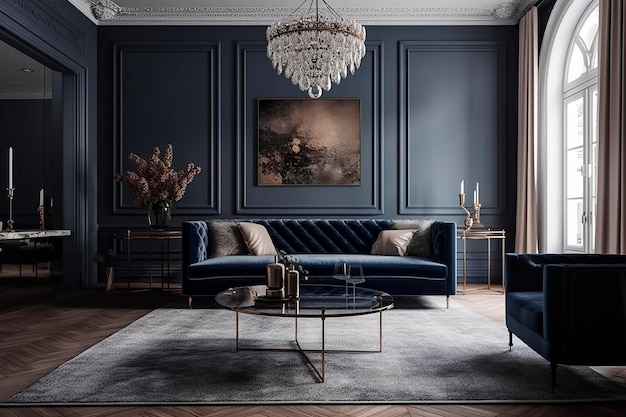 Un salón con un sofá azul y una mesa de centro de cristal.