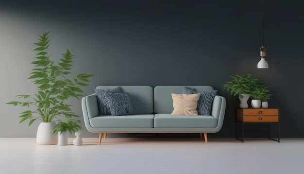 Un salón con un sofá azul y una planta en la pared.
