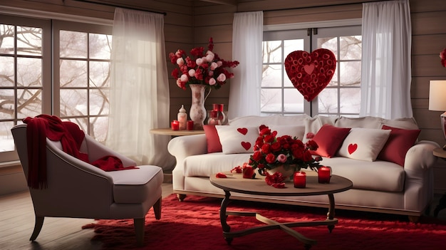 Salón con un sofá blanco decorado para el día de San Valentín con corazones rojos.
