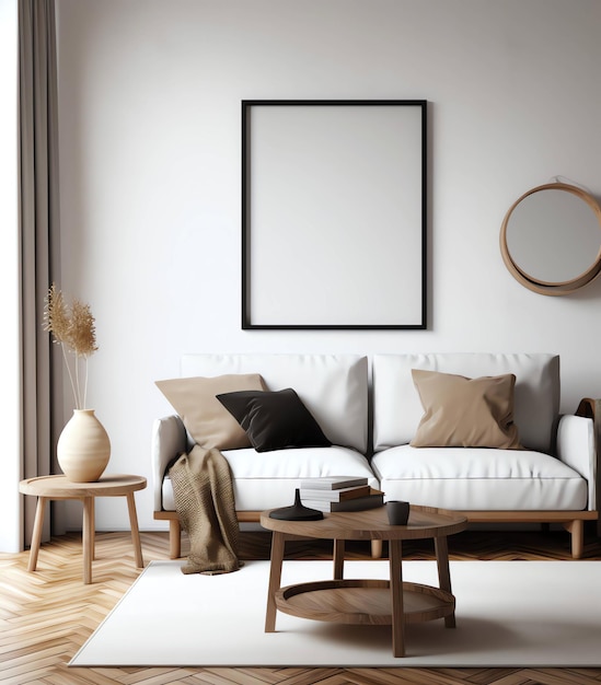 Un salón con un sofá blanco y una mesa de centro con un cuadro en la pared.
