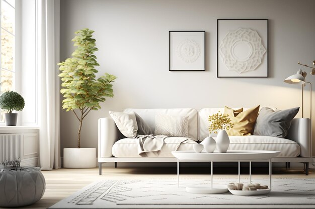 Un salón con un sofá blanco y una planta en la pared.