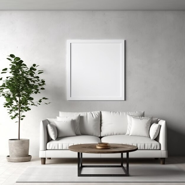 Un salón con un sofá blanco y una planta en la pared.