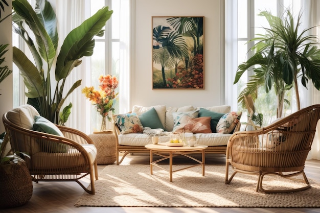 Un salón con un sofá y un cuadro de una planta tropical.