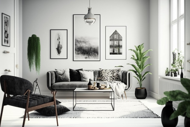 Un salón con sofá, mesa de centro y una planta en la pared.