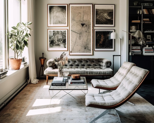 Un salón con sofá y mesa de centro con una planta en la pared.