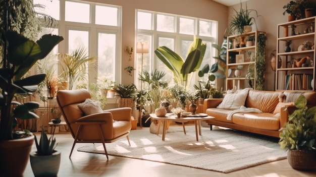 Un salón con sofá y mesa de centro con plantas en la pared.