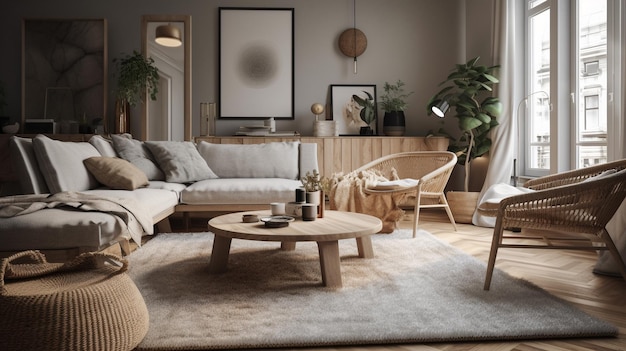 Un salón con un sofá una mesa y una planta en la pared