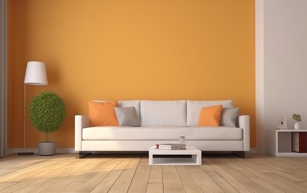 Un salón con sofá y una planta en la pared.